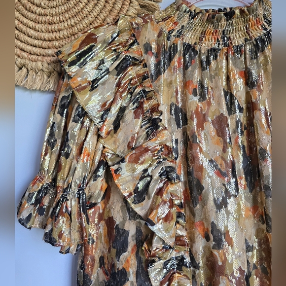 BA&SH New Gilda Silk Metallic Ochre Ruffle Abstract Lady Blouse Top SZ Small - Picture 8 of 16